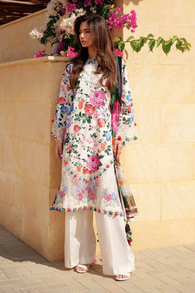 Cream Floral Embroidered Cambric 3pc Suit