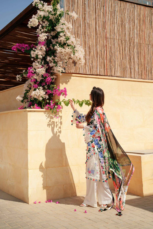 Cream Floral Embroidered Cambric 3pc Suit