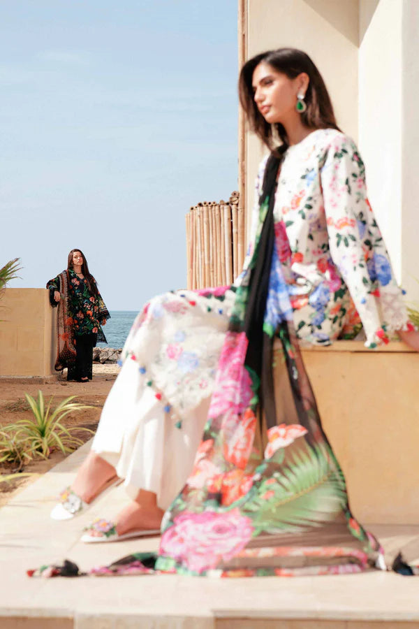 Cream Floral Embroidered Cambric 3pc Suit