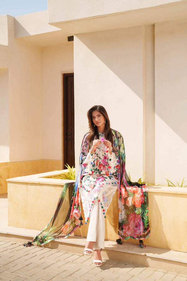 Cream Floral Embroidered Cambric 3pc Suit