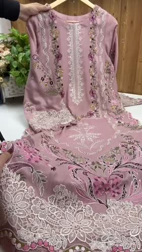 Aneela's pink pashmina 3pc suit hanging flat lay with embroidered dupatta