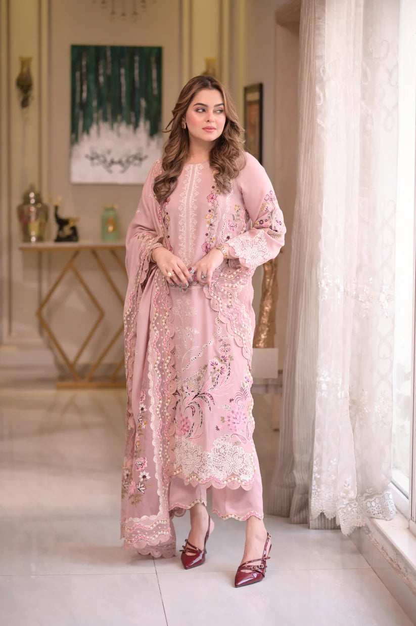 Pink embroidered pashmina suit with lace-trimmed sleeves and dupatta