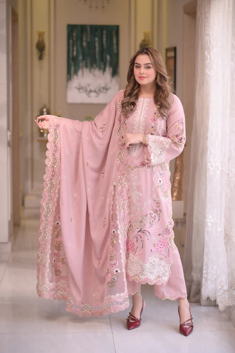 Aneela's pink pashmina embroidered 3pc suit front view with dupatta