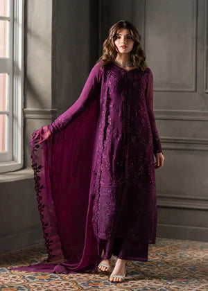 Plum sequins embroidered chiffon suit close front view