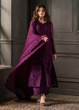 Plum embroidered chiffon suit with dupatta in motion