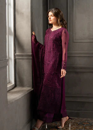 Plum sequins embroidered suit full front view near window