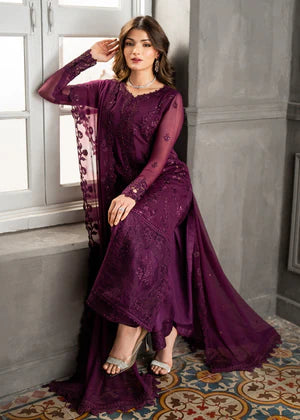 Plum embroidered chiffon suit side view with flowing dupatta