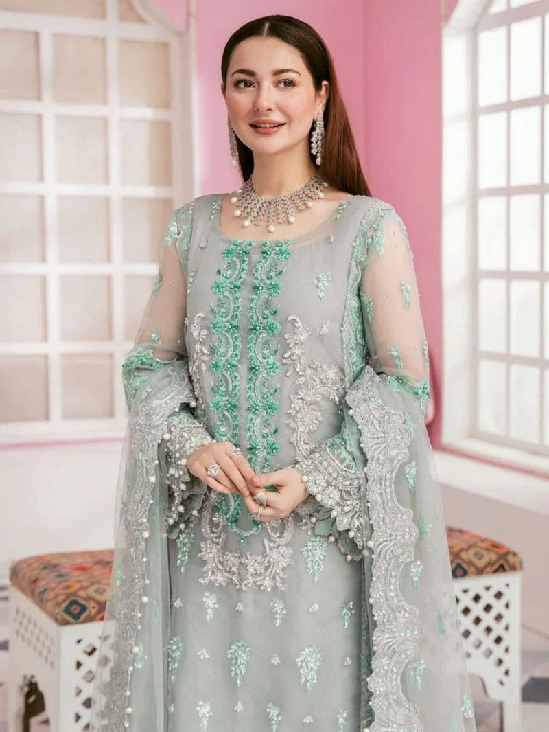 Sage Green Embroidered Organza 3pc Suit with Silver Embellishments
