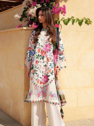 Cream Floral Embroidered Cambric 3pc Suit