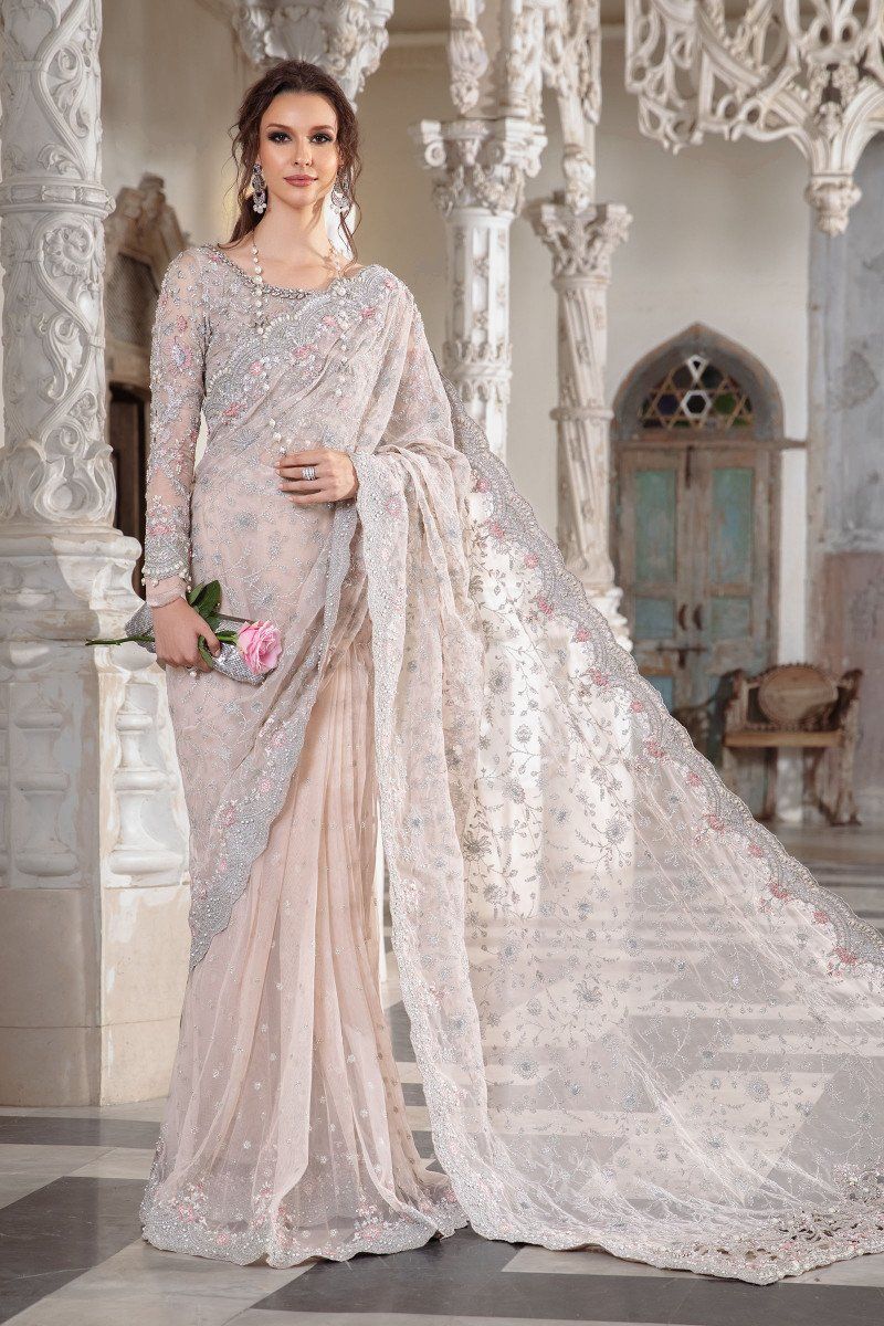 Maria B pale pink net saree with organza blouse and tissue petticoat