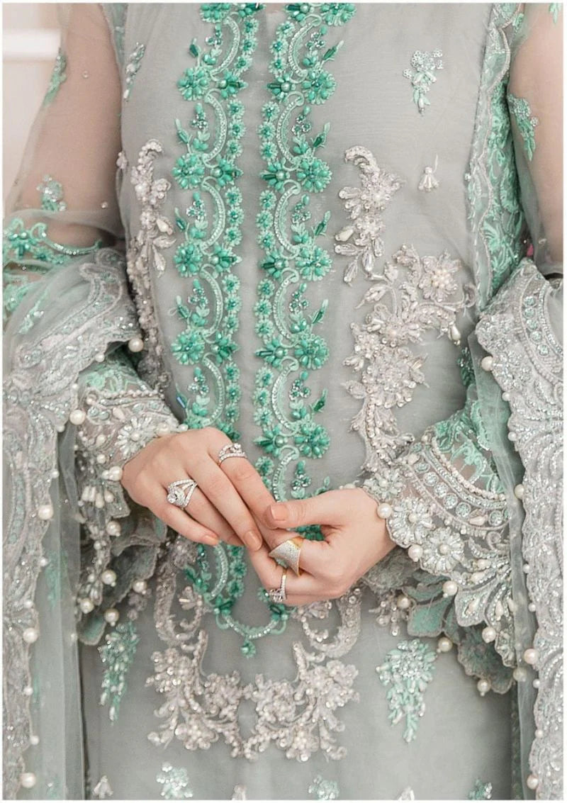 Close-up of organza embroidery with pearl and crystal hand embellishment