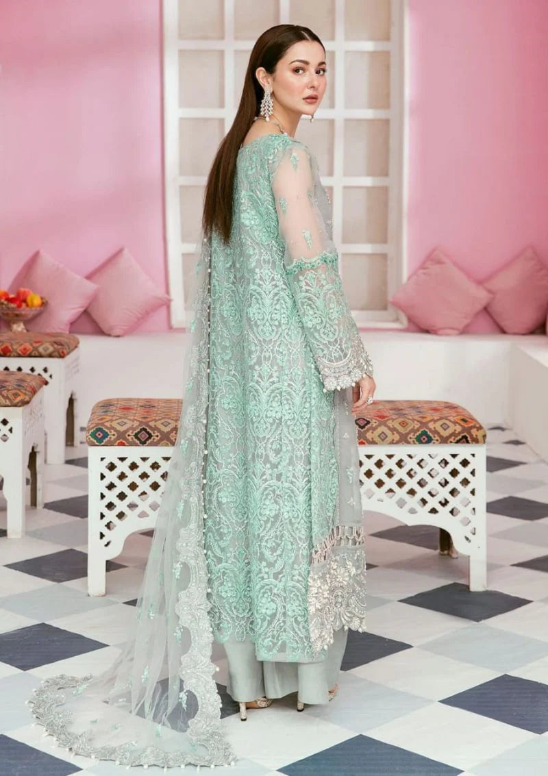  "Sage green organza suit back view with embroidered net dupatta train"